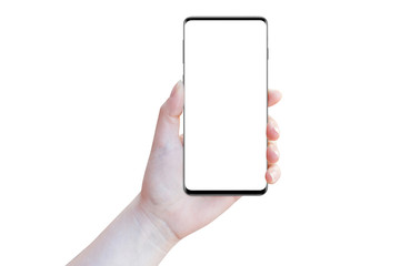 Modern smartphone in female hand, isolated on white background. Mockup for presentation