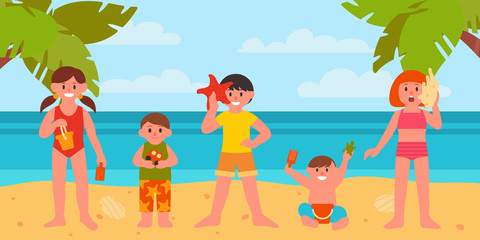 Obraz na płótnie Canvas Children on the beach play with sand and sunbathe. Active summer holidays. Character set. Vector illustration in flat style