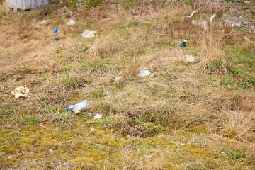 Garbage dump on the grass near the forest ecological disaster concept polluting nature and city park with litter and junk