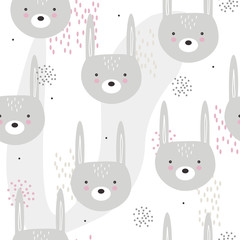 Rabbits, hand drawn backdrop. Colorful seamless pattern with muzzles of animals. Decorative cute wallpaper, good for printing. Overlapping colored background vector