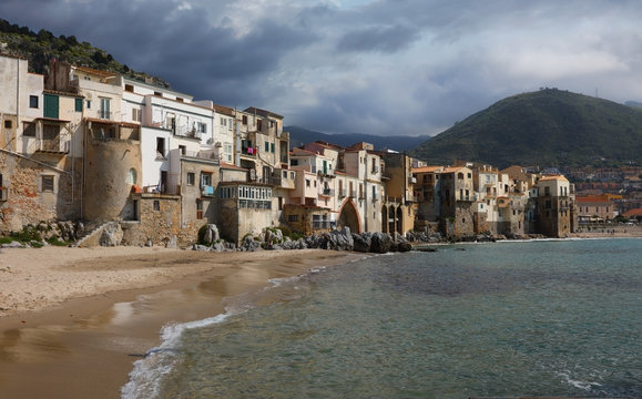 The coastal line of the Sicilian town Cefalu, Italy
