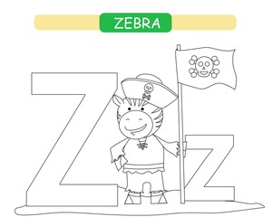Letter Z and funny cartoon zebra. Coloring page. Animals alphabet a-z. Cute zoo alphabet in vector for kids learning English vocabulary. Printable sheet.