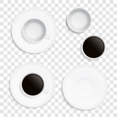 Set realistic illustrations of white cup for coffee or tea. Saucer isolated on transparent background, vector