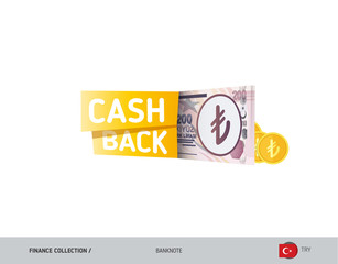 Cash back banner with 200 Turkish Lira Banknotes and coins. Flat style vector illustration. Shopping and sales concept.