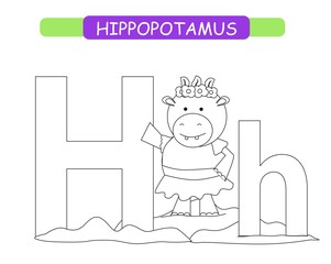 Letter H and funny cartoon hippopotamus. Coloring page. Animals alphabet a-z. Cute zoo alphabet in vector for kids learning English vocabulary. Printable sheet.