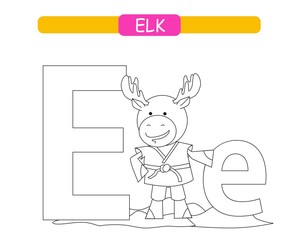 Letter E and funny cartoon elk. Coloring page. Animals alphabet a-z. Cute zoo alphabet in vector for kids learning English vocabulary. 