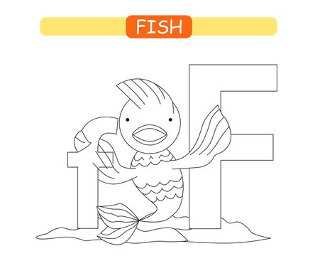 Letter F and funny cartoon fish. Coloring page. Animals alphabet a-z. Cute zoo alphabet in vector for kids learning English vocabulary. Printable sheet.