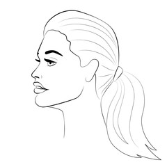 Woman young face, black outline on white background