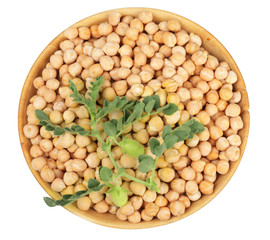 chickpeas in a wooden bowl isolated, top view