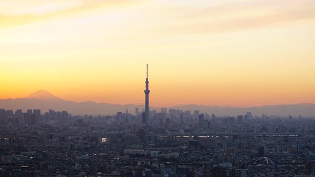東京夕景　タイムラプス　富士山と都心