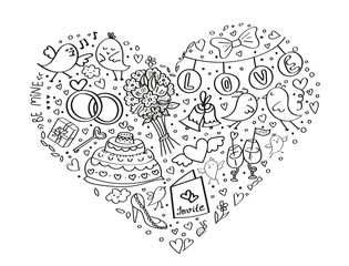 Set of Coloring Page. Adult Coloring Book Set and Antistress freehand sketch. Big heart with cake, gift box, glass, bouquet, bunch of flowers, bird. Vector illustration.