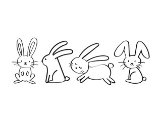 Set of Coloring Page. Adult Coloring Book Set and Antistress freehand sketch with rabbit, bunny. Vector illustration.