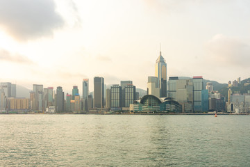 Fototapeta na wymiar Panorama Landmark skyscraper buildings at Victoria harbor in Hong Kong City