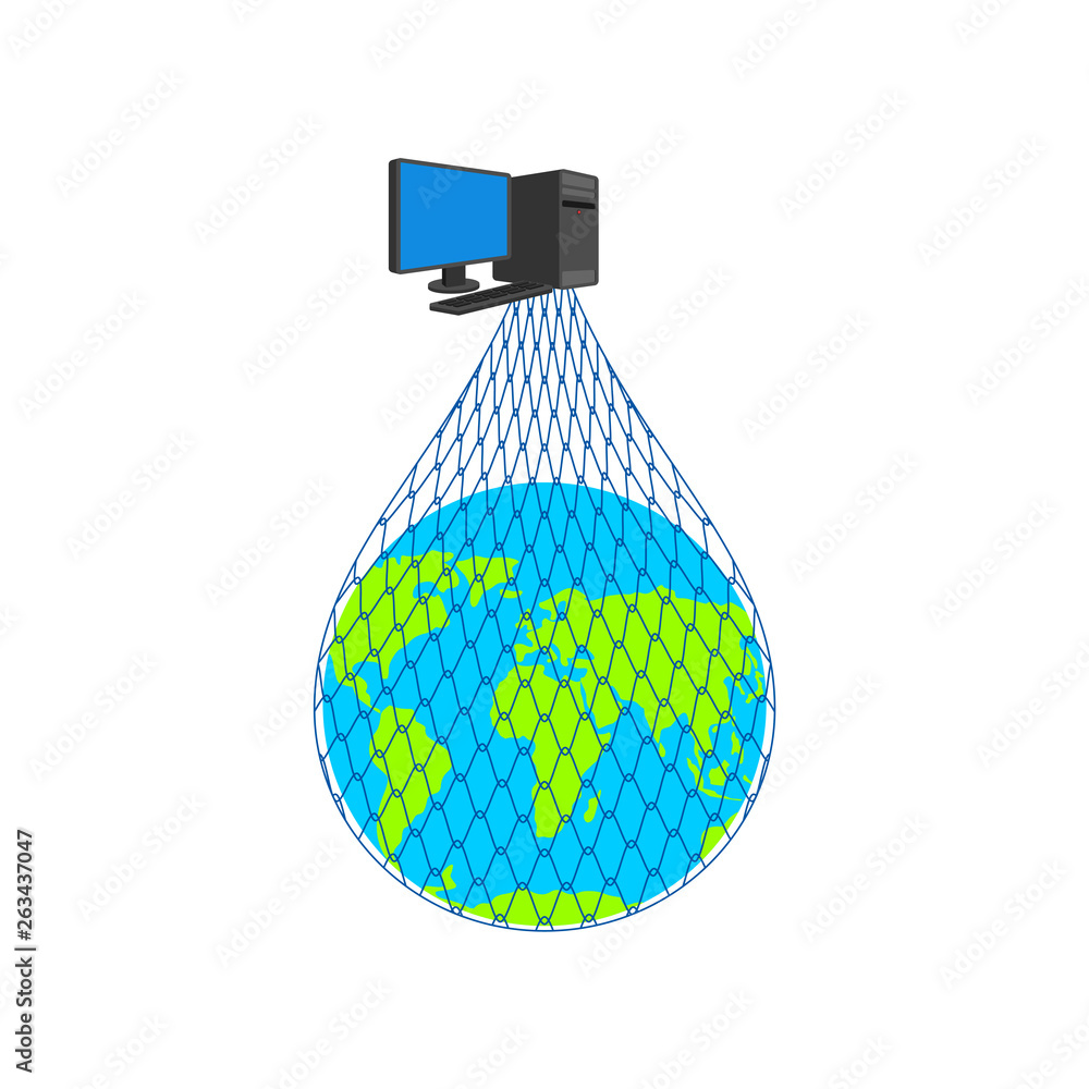 Poster internet earth on computer network. planet in fishing net