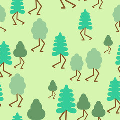 Forest cartoon style pattern seamless. Tree with legs. Vector illustration