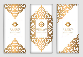Luxury golden packaging design of chocolate bars. Vintage vector ornament template. Elegant, classic elements. Great for food, drink and other package types. Can be used for background and wallpaper.