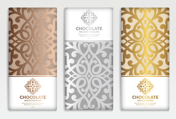 Luxury golden packaging design of chocolate bars. Vintage vector ornament template. Elegant, classic elements. Great for food, drink and other package types. Can be used for background and wallpaper.