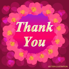 Thank You greeting card. Brightly Colorful illustration. Illustration with red flowers. Illustration with text thank you.