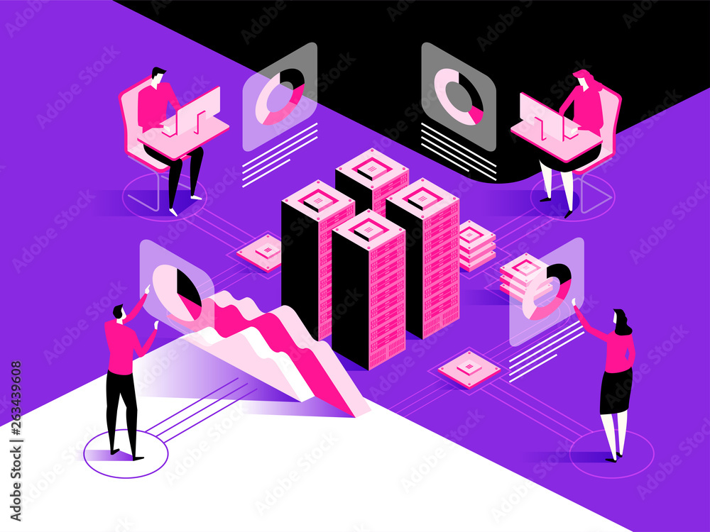 Poster data visualization concept. people in the team analyze diagrams and graphics