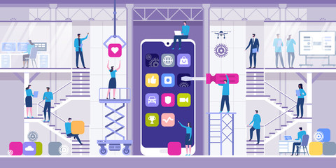 Mobile app development concept with characters. Flat vector illustration