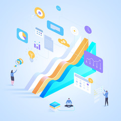 Statistical tools in research and data analysis. Vector isometric illustration