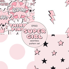Pink Supergirl themed seamless vector pattern set. Pop art comic fight supergirl power text bubbles. Abstract dotty geometric backdrop. Cartoon comic thunder lights and stars background. Perfect for