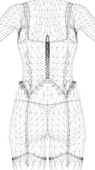 Wireframe polygonal girl in a corset. Back view. 3D. Vector illustration