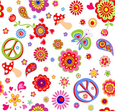 Childish wallpaper with hippie peace symbol, flower-power, poppies, butterfly, mushroom and paisley