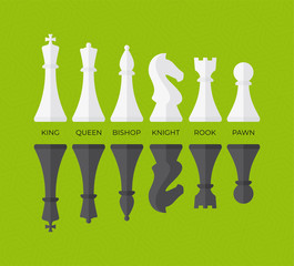 Vector set chess figures black and white. King, Queen, Bishop, Knight, Rook, Pawn icons set.