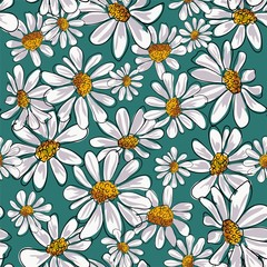 Seamless pattern with chamomile, camomile flowers on white background.