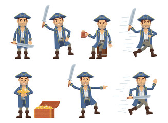 Set of pirate characters posing in different situations. Cheerful pirate captain holding beer mug, treasure chest, running, attacking, standing. Flat style vector illustration