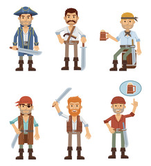 Set of different pirate characters isolated on white background. Pirate crew. Flat style vector illustration