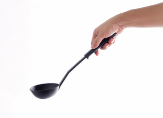 woman hand holding ladle dipper isolated