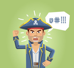 Illustration of an angry pirate captain shouting. Emotional face, emoticon, anger emotion, emoji. Flat style vector illustration