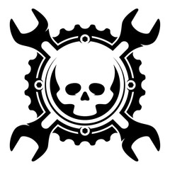 Vector skull with cross wrench open and gear. Isolated on white background