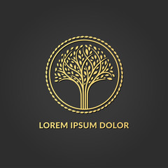 Golden tree logo. Elegant, classic vector. Can be used for jewelry, beauty and fashion industry. Great for emblem, monogram, invitation, flyer, menu, brochure, background, or any desired idea.