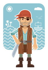Illustration of a cheerful pirate isolated on abstract background. Flat style vector illustration