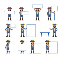 Set of pirate captain characters posing with different blank banners. Cheerful pirate holding paper, poster, placard, pointing to whiteboard. Teach, advertise, promote. Flat vector illustration