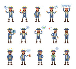 Fototapeta na wymiar Set of pirate captain characters showing different actions. Cheerful pirate karaoke singing, dancing, sleeping, holding banner, loudspeaker, map and doing other actions. Flat vector illustration