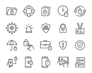 set of security icons, such as guard, cyber lock, unlock, shield, key