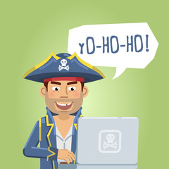 Illustration of a happy pirate with laptop. Modern internet piracy concept, hacker. Happy pirate celebrating successful hacking. Flat style vector illustration