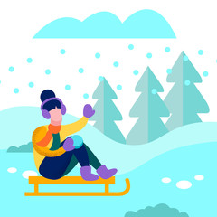 Happy Woman Sledding in Winter Forest Flat Card