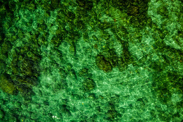 background abstract is blurry green sea surface and underwater rock reflecting beautiful light