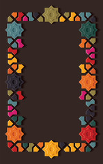 Arabic arabesque design greeting card for Ramadan Kareem, Islamic ornamental colorful detail of mosaic isolated on a dark background