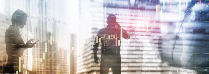 Fototapeta premium Double exposure of professional trader. Stock candles graph of stocks market.