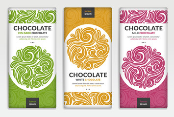 Colorful packaging design of chocolate bars. Vintage vector ornament template. Elegant, classic elements. Great for food, drink and other package types. Can be used for background and wallpaper.