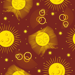 Seamless pattern. Fantastic suns and stars on a dark brown background. Fabric, wrapping paper, wallpaper, website design, packaging, stationery. Space theme. A space flight. Vector illustration.