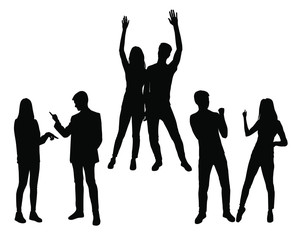 Vector silhouettes men and women standing , profile, hands up, different poses, couple,  business,  people, group,  black color, isolated on white background