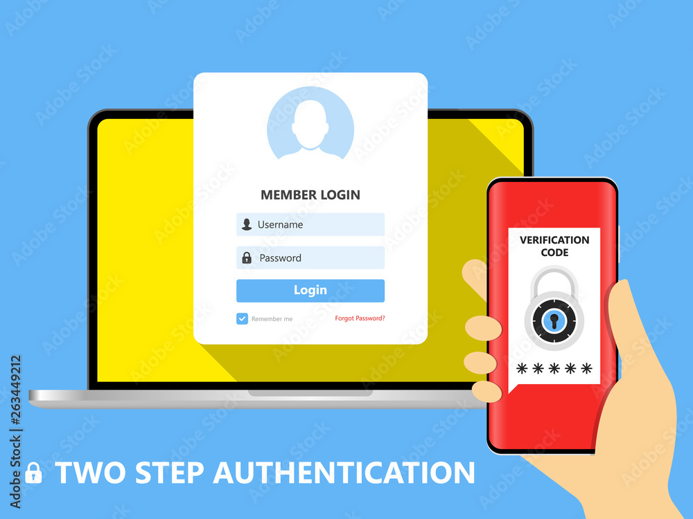 Poster two step authentication vector illustration, flat cartoon smartphone and computer safety login or si