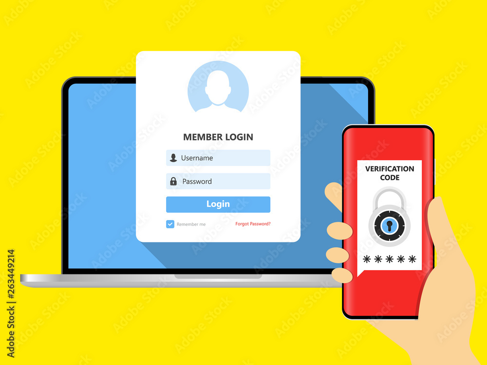 Poster two step authentication vector illustration, flat cartoon smartphone and computer safety login or si